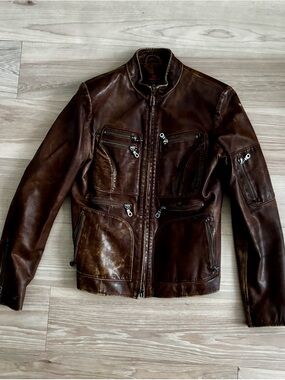 Distressed Brown Leather double zip jacket